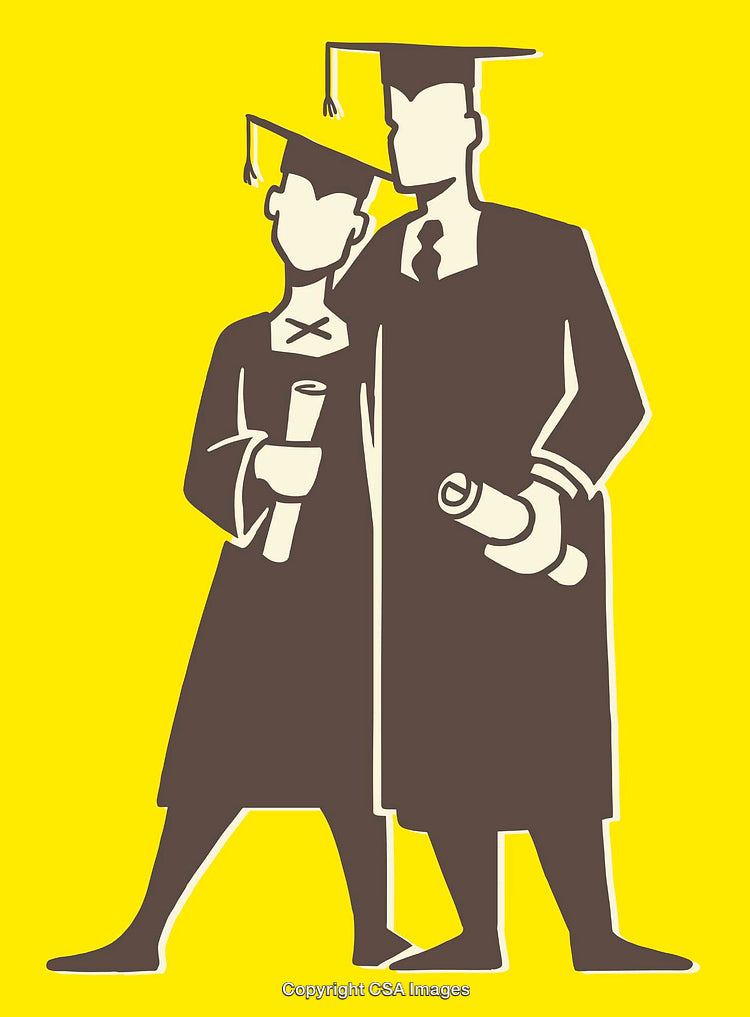 Graduates Holding Diplomas in Cap and Gown Color Illustration