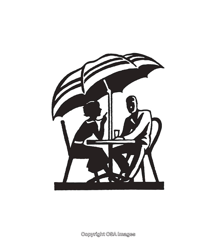 Black and White Illustration of Two People Dining Under an Umbrella