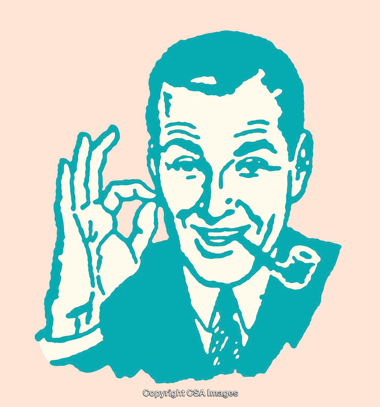 Retro Style Blue Man Illustration Holding a Pipe with an OK Gesture