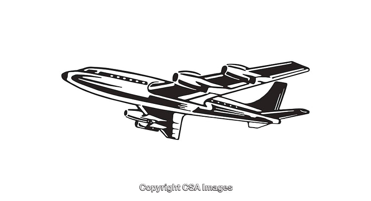 Black and White Line Art Illustration of an Airplane in Flight