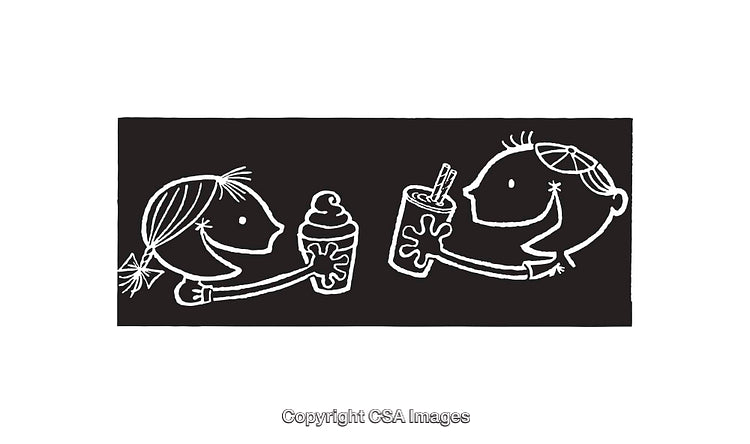 Childlike Line Art of Kids Enjoying Ice Cream and Soda