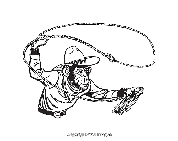 Line Art Illustration of a Monkey Cowboy Swinging a Lasso