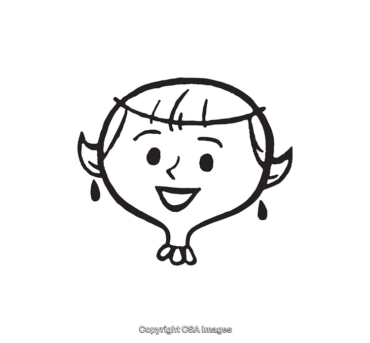 Hand-Drawn Cartoon Elf Face with Happy Expression in Black and White