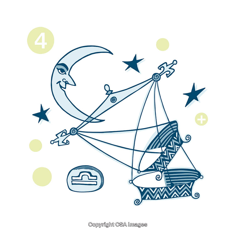 Illustration of a Libra Moon with Stars and a Balanced Scale