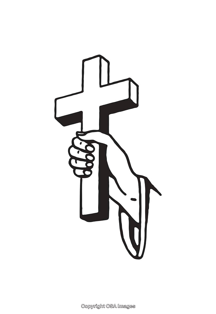Black and White Line Art of a Hand Holding a Christian Cross
