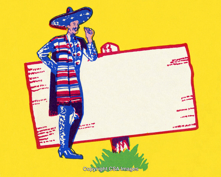 Colorful Illustration of Man in Hat Beside Blank Sign on Yellow Background