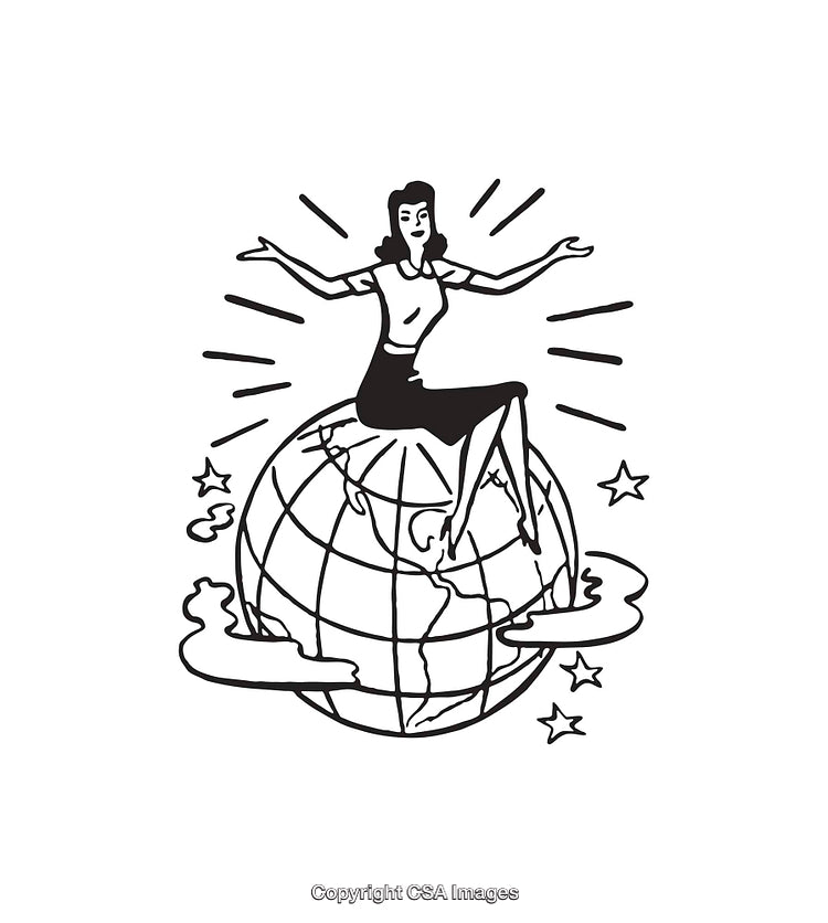 Retro-Styled Line Art of Woman Sitting on a Globe