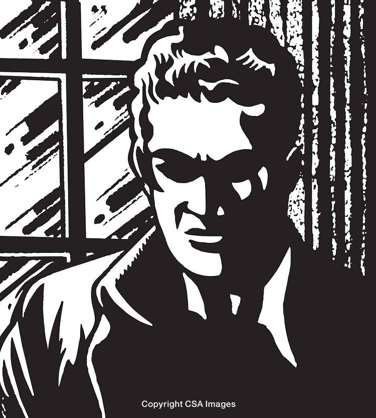 Monochromatic Illustration of a Man in a Dramatic Shadowed Setting