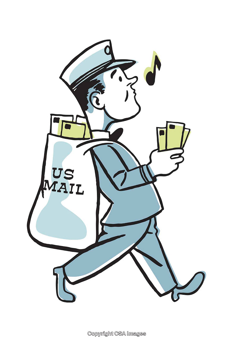 Vintage Styled Postal Worker Illustration Carrying Mail and Whistling Happily