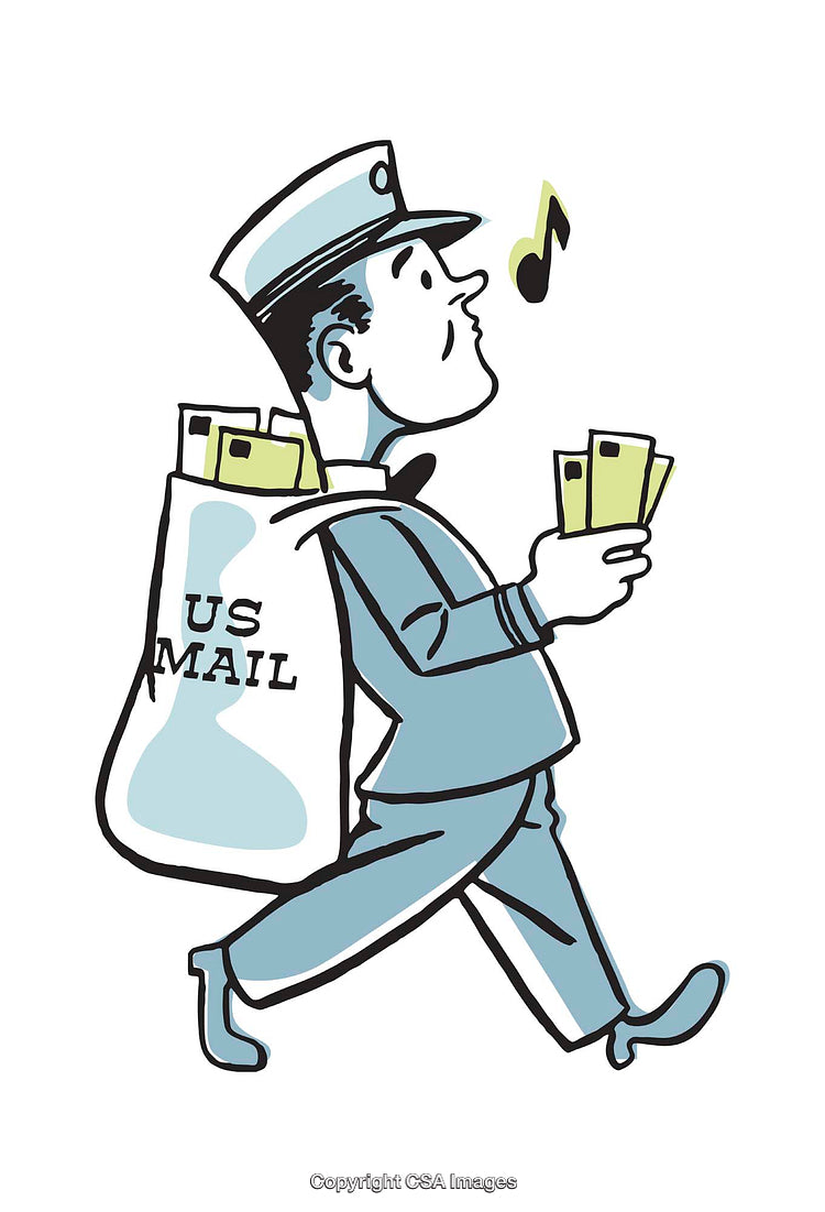 Vintage Styled Postal Worker Illustration Carrying Mail and Whistling Happily