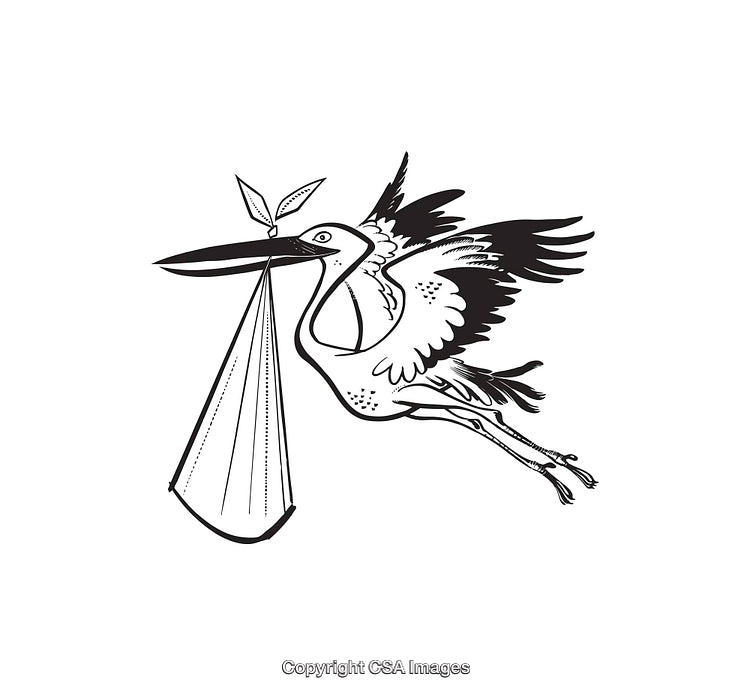 Black and White Line Art of a Stork Carrying a Bundle Illustration