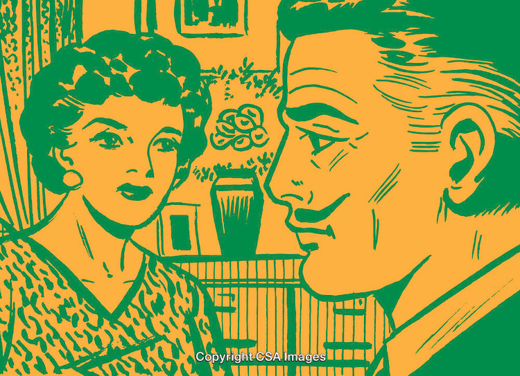 Retro Illustration Featuring a Conversation Between Two People Indoors