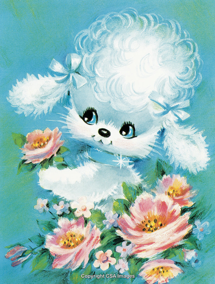 Adorable Toy Poodle Illustration Amid Blossoming Pink Flowers on Blue Background