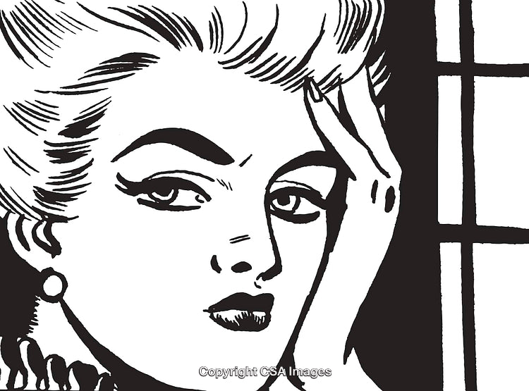 Close-Up Illustration of a Thoughtful Woman in Vintage Style Art