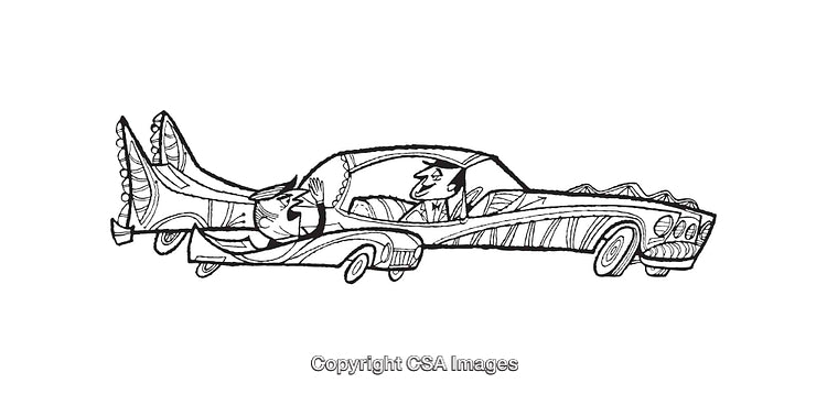 Vintage Car Line Illustration with Unique Retro Design Details and Characters