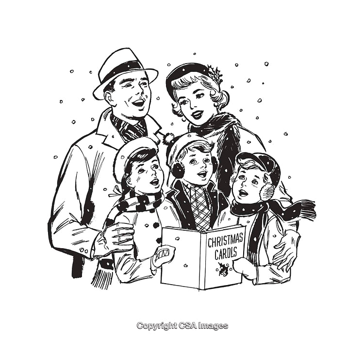 Family Singing Christmas Carols as a Festive Black and White Illustration