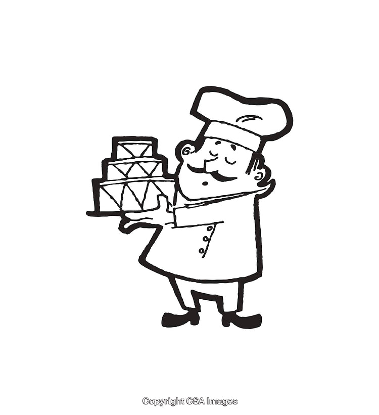 Charming Black and White Line Art Illustration of a Baker Holding a Cake