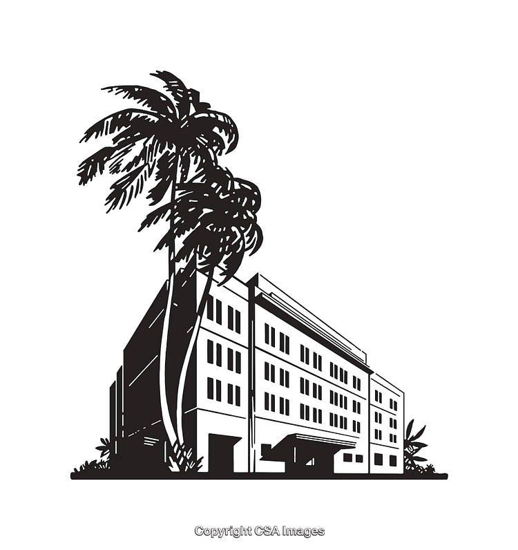 Black and White Line Art of a Building with Palm Trees