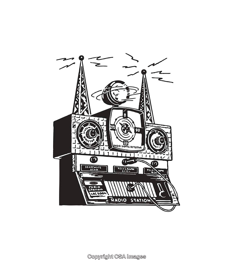 Retro Line Art Radio Station Illustration with Antennas and Control Panel