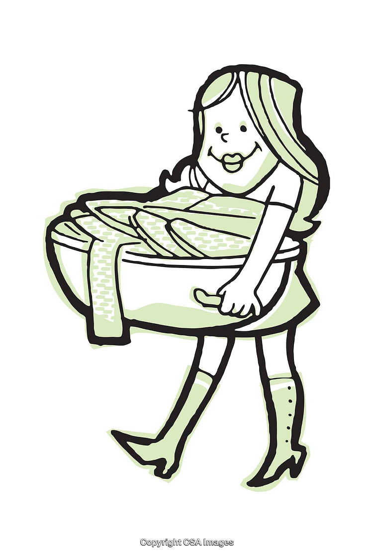Retro Style Illustration of Woman Carrying a Basket of Laundry