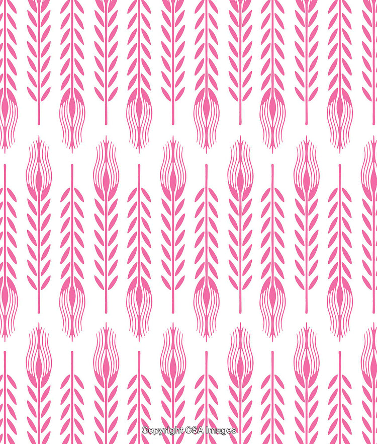 Pink Floral Pattern with Stylized Leaves and Petals on White Background