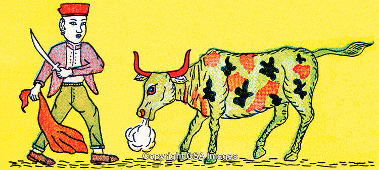 Vibrant Folk Art Illustration of Matador and Colorful Bull Interaction