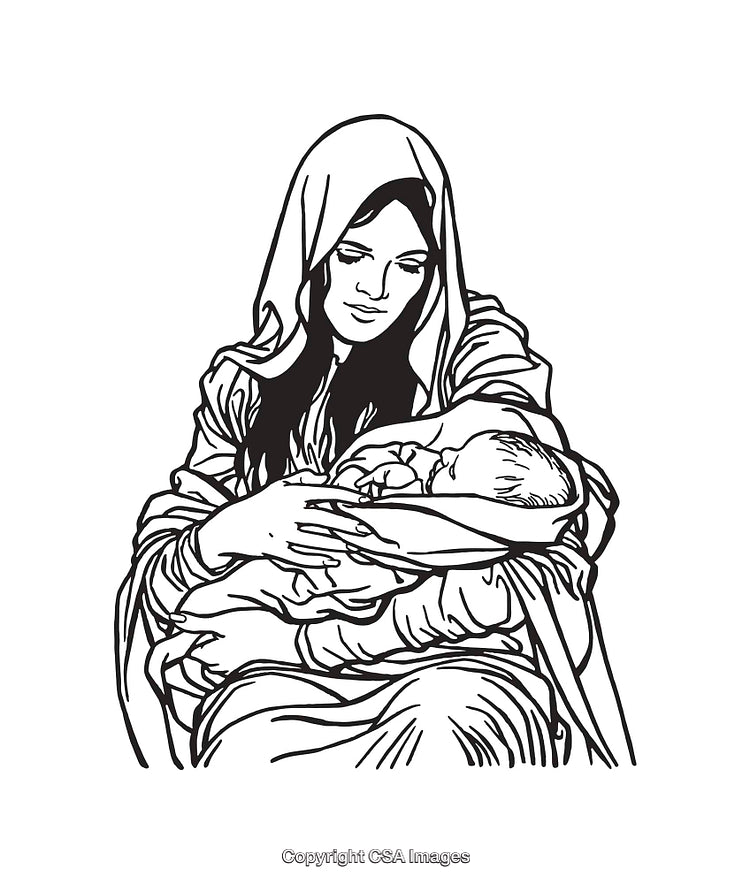 Illustrated Mother Cradling Newborn Child in Her Arms, Line Art Style