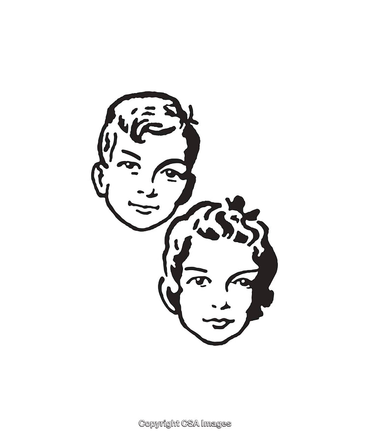 Black and White Line Art Illustration of Two Children's Faces