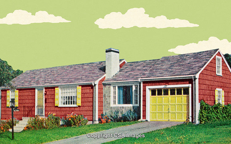 Stylized Red Suburban House with a Green Sky and Yellow Accents