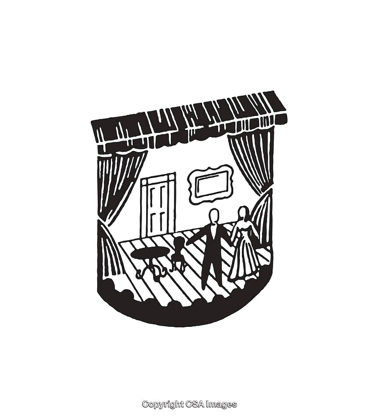Black and White Line Art Illustration of Theater Performance Scene