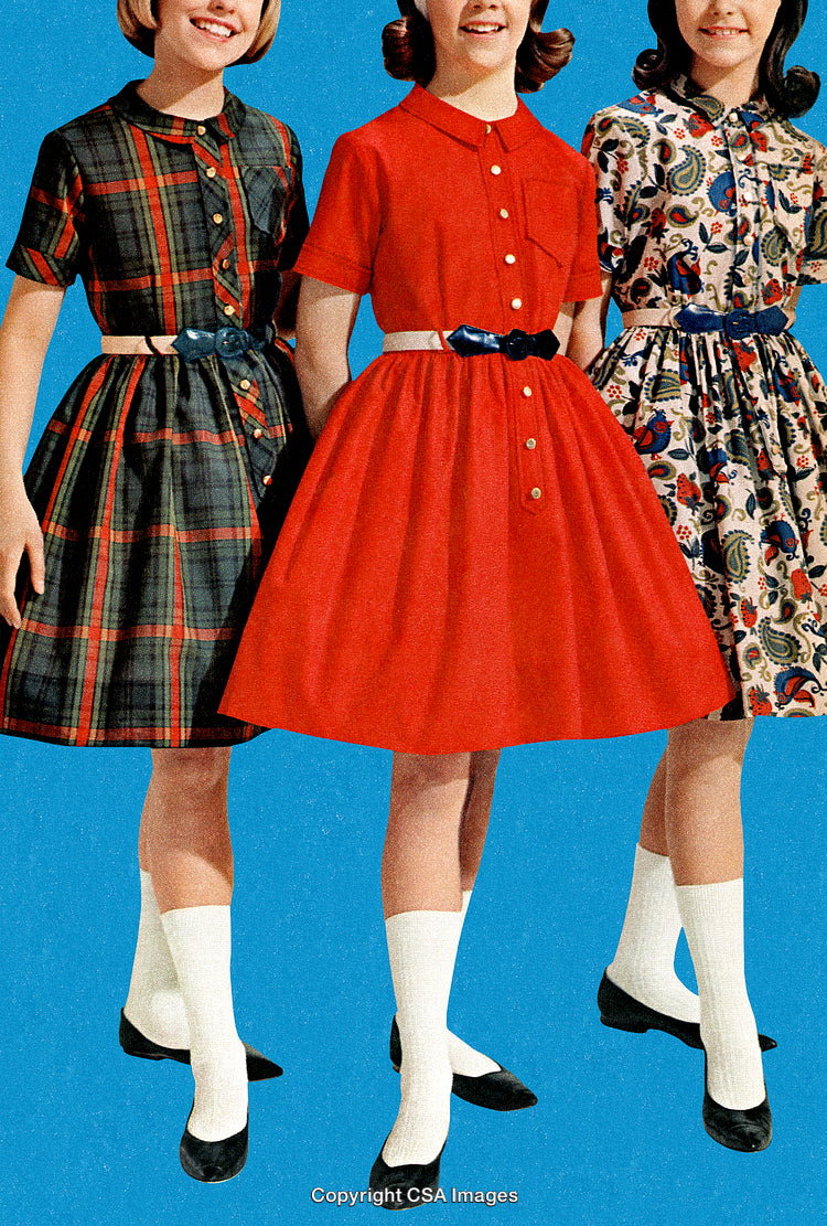 Retro Style Dresses with Vintage Patterns and Stylish Accents on Blue Background