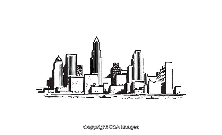 Black and White Line Art Illustration of a City Skyline