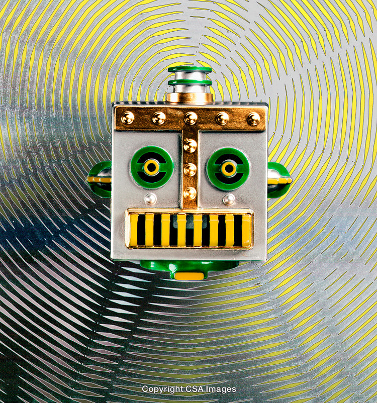 Retro Styled Robot Toy on Colorful Patterned Background