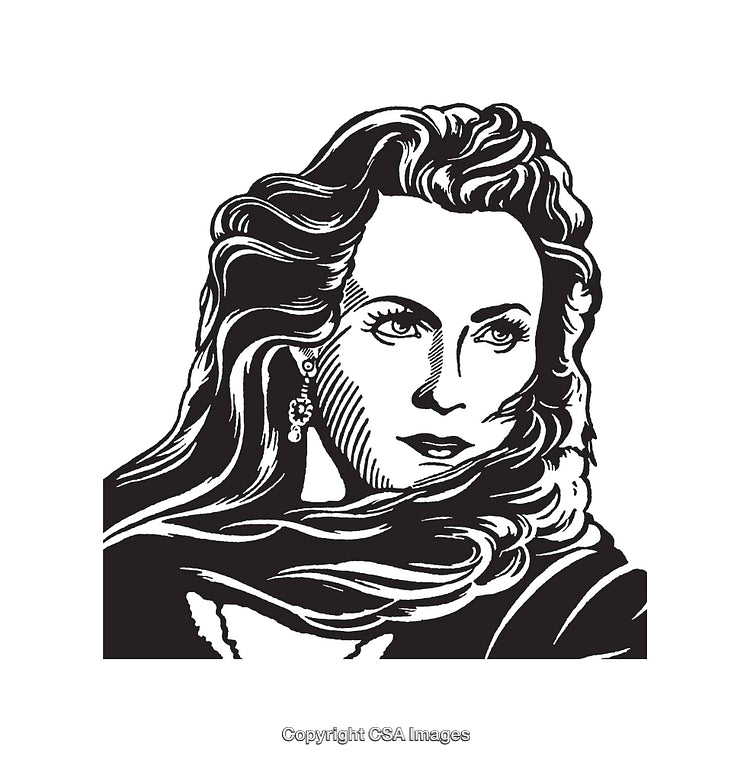 Detailed Black and White Portrait Illustration with Flowing Hair Design
