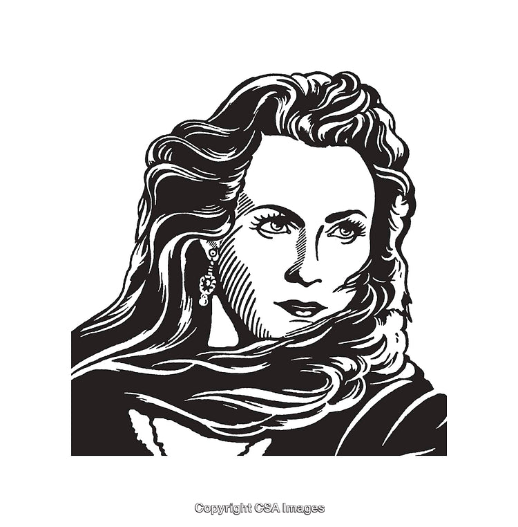Detailed Black and White Portrait Illustration with Flowing Hair Design