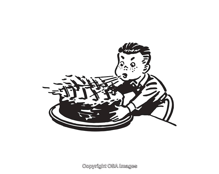 Child Blowing Out Candles on a Birthday Cake in Black and White Art