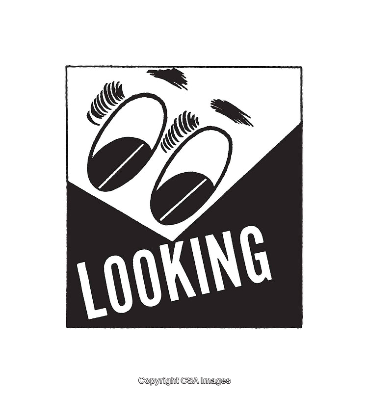 Minimalist Black and White Illustration with Stylized Eyes and Text