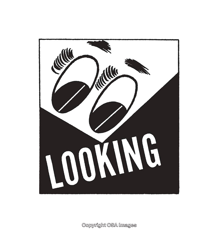 Minimalist Black and White Illustration with Stylized Eyes and Text