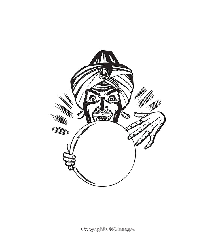 Vintage Black and White Illustration of a Mystic Fortune Teller with Crystal Ball