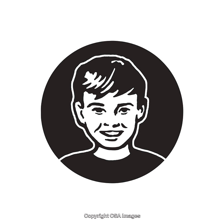 Monochrome Line Art Illustration of a Smiling Boy with Short Hair Inside a Circle