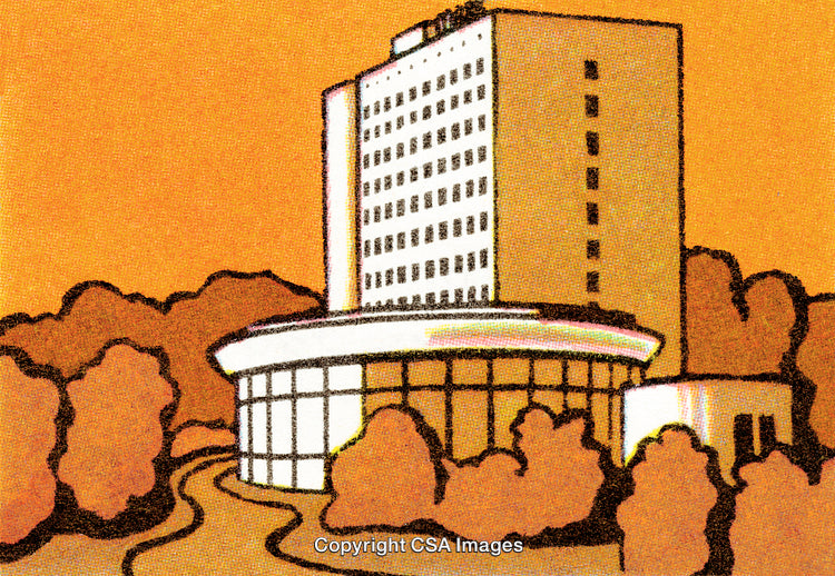 Modern Architectural Office Building Surrounded by Autumn Trees on Orange Background
