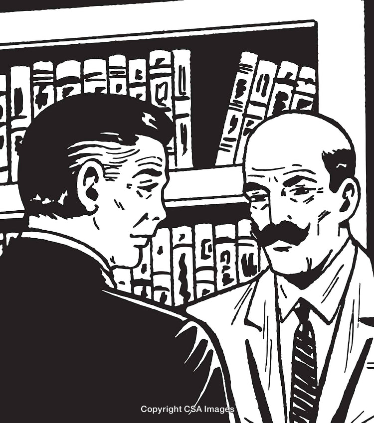 Two Men in Professional Attire Engaged in Serious Discussion in Library