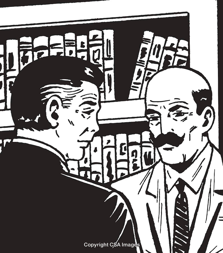 Two Men in Professional Attire Engaged in Serious Discussion in Library
