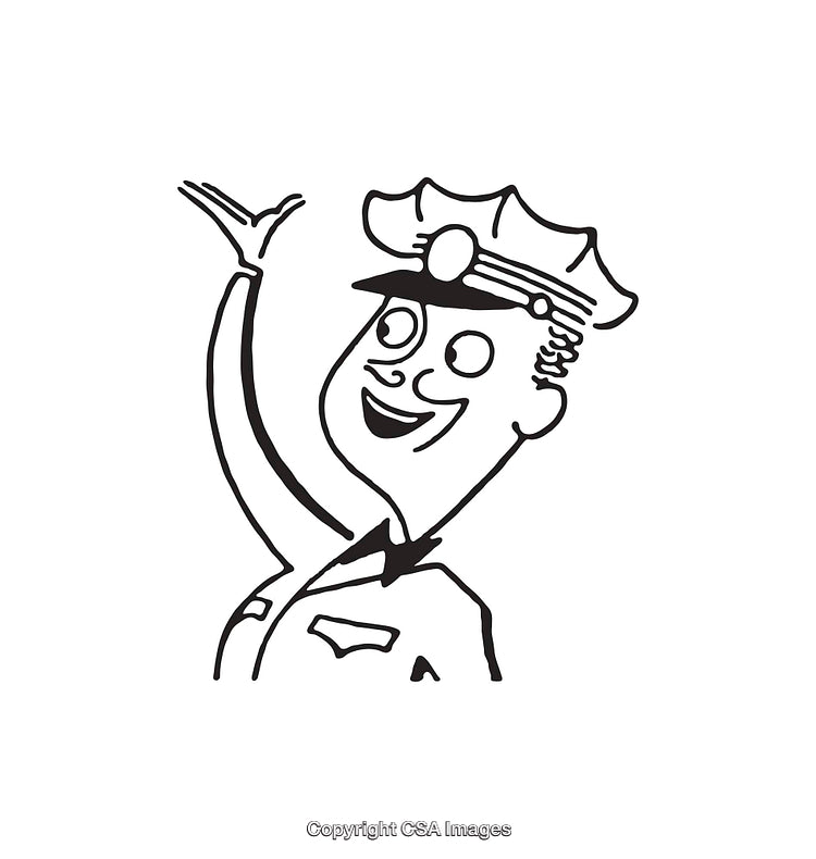 Hand-Drawn Smiling Police Officer Waving in Black and White Line Art
