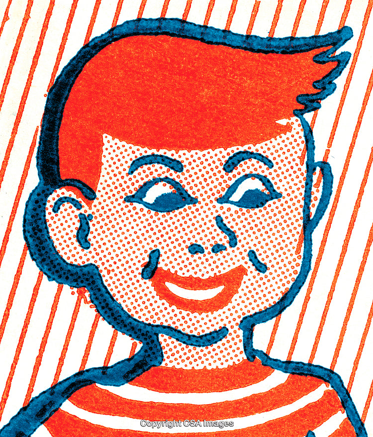 Retro Pop Art Illustration of a Smiling Boy in Red and Blue Tones