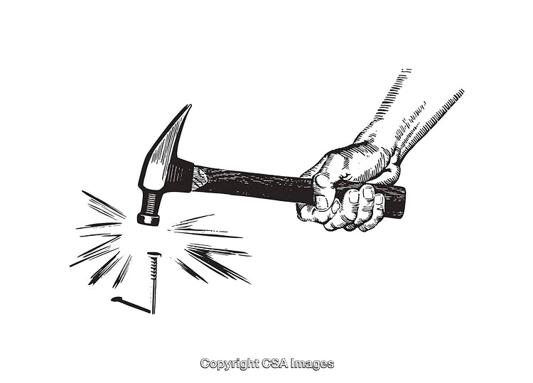 Hand Illustration Holding Hammer Hitting Nail with Line Art Style