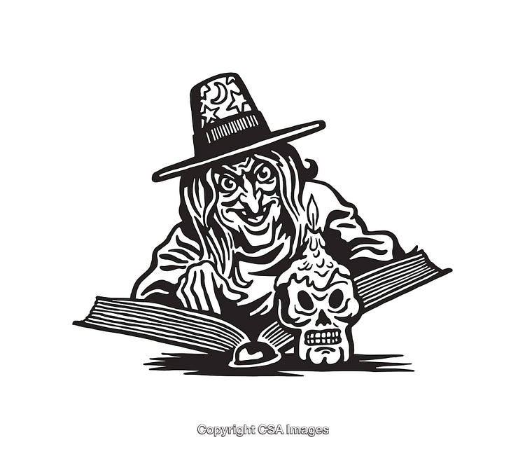Vintage Halloween Illustration Featuring Witch With Book and Skull Candle
