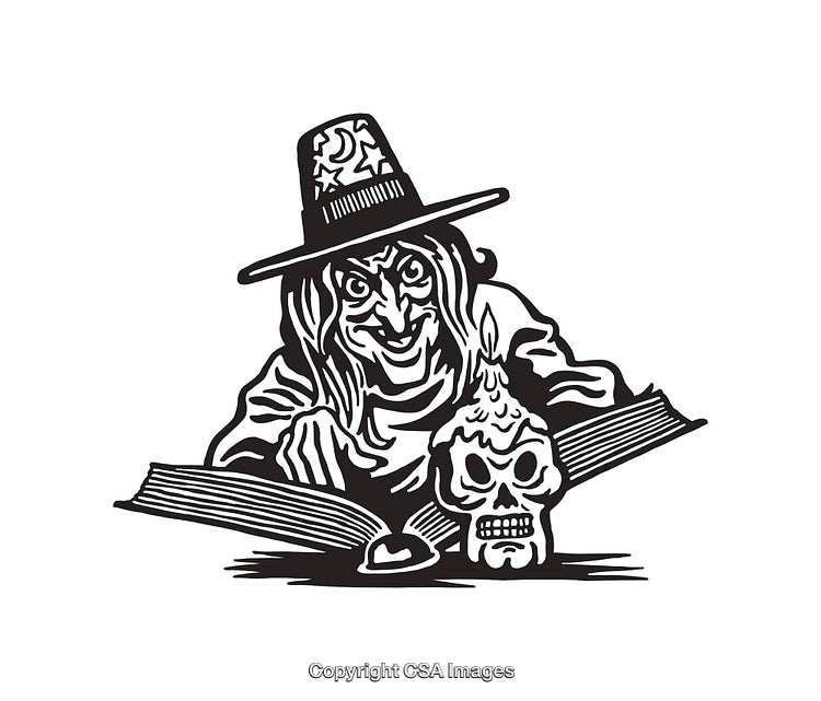 Vintage Halloween Illustration Featuring Witch With Book and Skull Candle