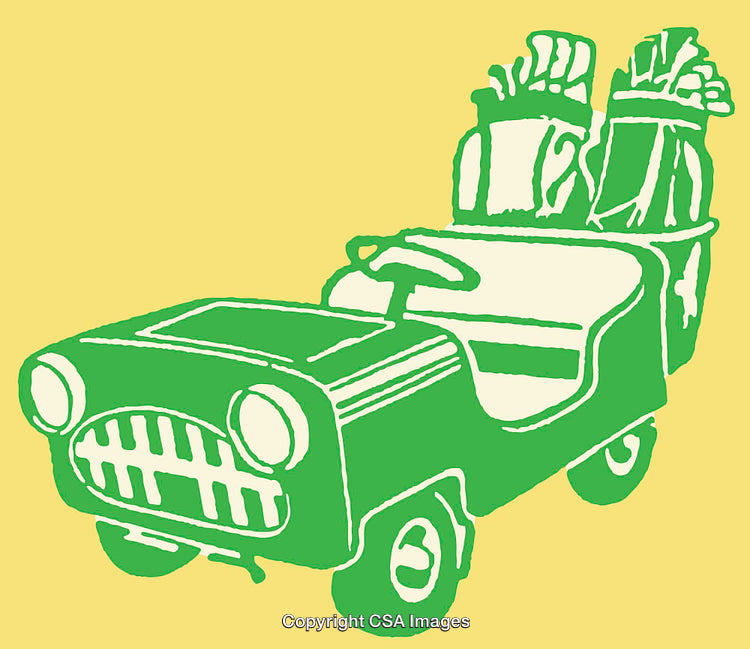 Green Golf Cart with Golf Bags on Yellow Background Line Art Design