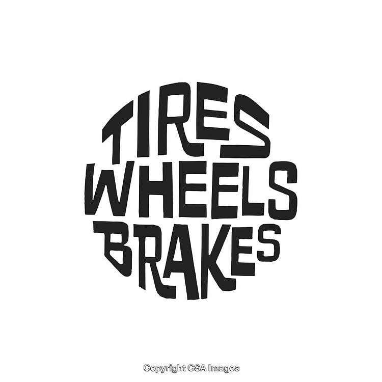 Stylish Typography of Tires, Wheels, and Brakes in Black Circular Design
